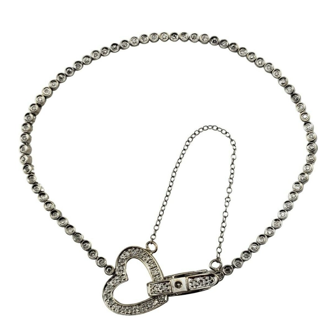 Vintage 14 Karat White Gold Diamond Tennis Bracelet With Heart Clasp #16401